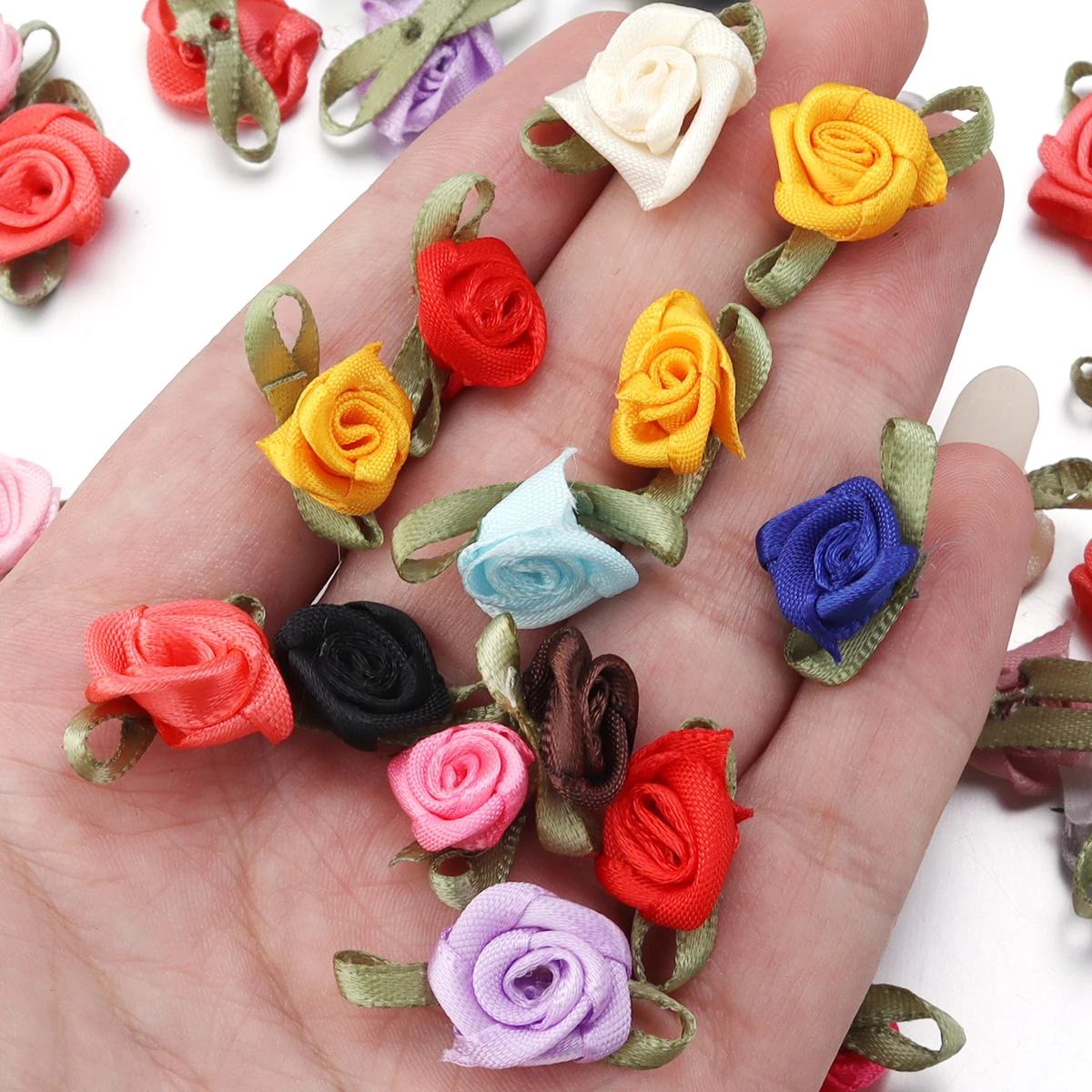 50pcs Mini Satin Ribbon Rose Appliques for Decorative Sewing and Crafts