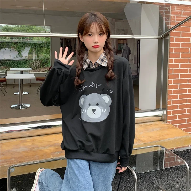 Teddy Bear Fake Two Piece Women Sweatshirts Spring Autumn Cute Cartoon Long Sleeve Lapel Pullover Preppy Style Green Sweatshirts