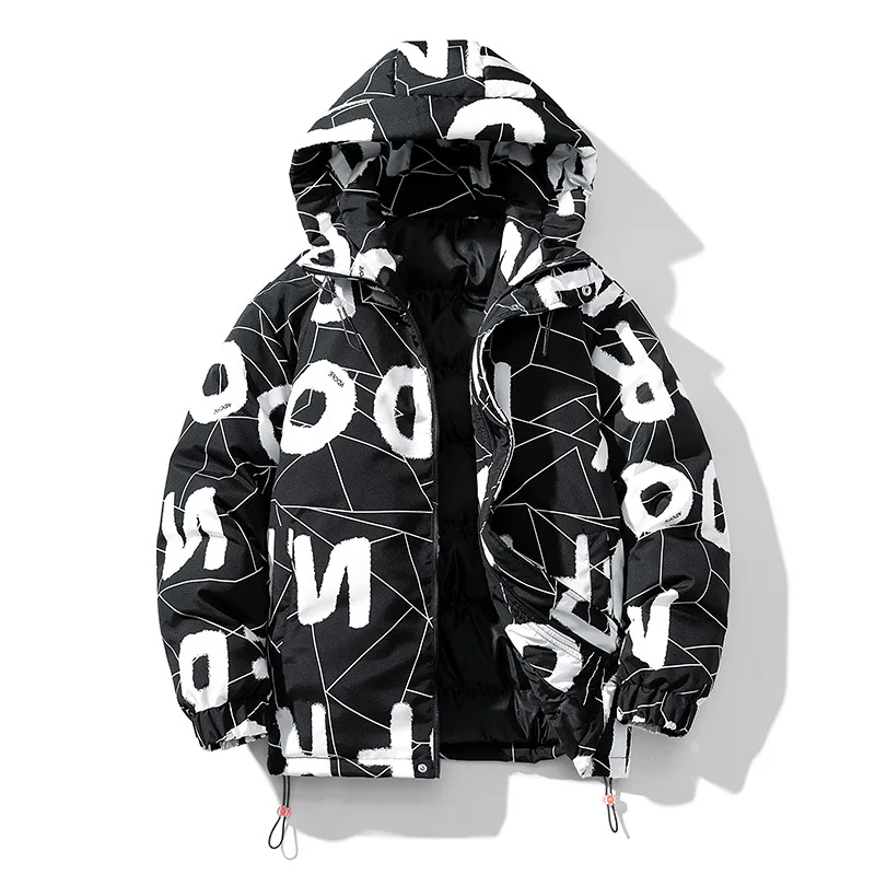 Mens Fashion Letter Printing Thickened Warm Hoodie Jacket Teenager Street Hip-hop Winter Jackets Outdoor Windproof Coats