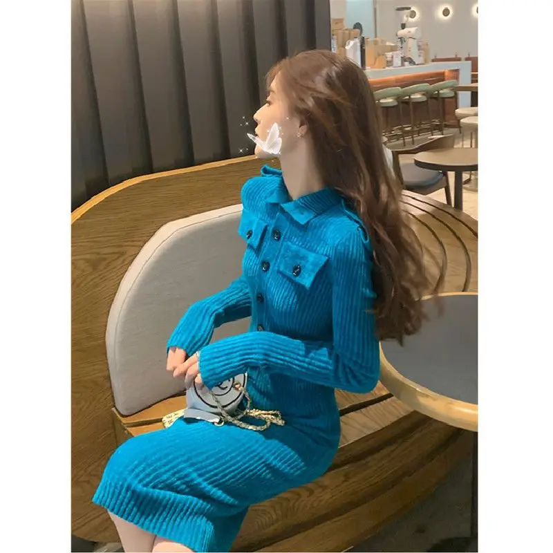 

Women Turn-down Collar Knitted Dress Oversized Autumn Solid Long Sleeve Elegant Blue Sweater Dress Female Knitted Dresses B65