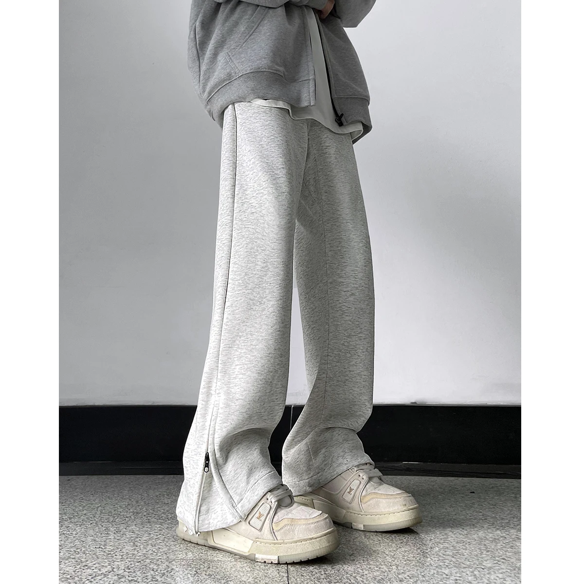 꽃 회색 무거운 스웨트 팬츠 남성 패션 브랜드 가을 느슨한 스트레이트 스플릿 부트 컷 바지 디자인 고급 바지