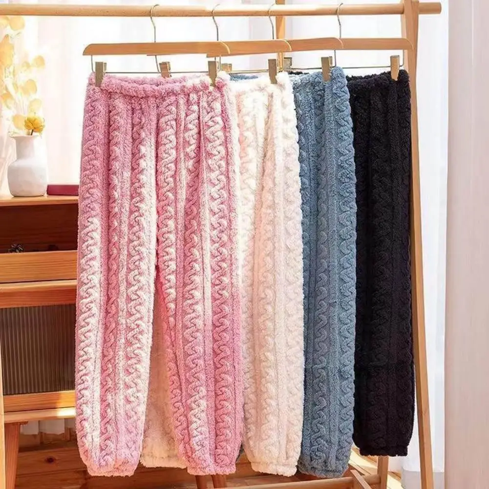 

Mid-rise Elastic Waistband Spiral Texture Wide Leg Shrinkable Cuffs Sleep Pants Women Winter Thickened Coral Fleece Sleep Bottom
