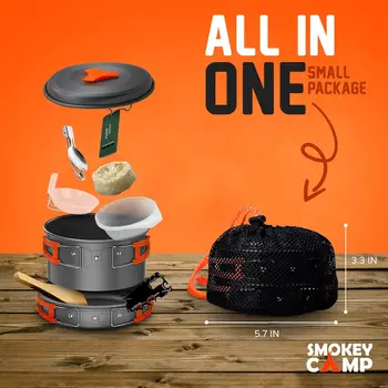 Camping Cookware Mess Kit Set with Stove - Backpacking Camping Pots and Pans Set All in One Non-Stick Camping Cooking Set Portab 5