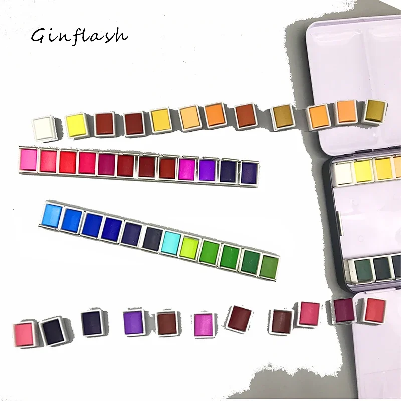 Ginflash 24/48colors Solid Pigment Watercolor Paints Set Water Color Portable Brush Pen Sponge Painting Art Supplies Half Pan