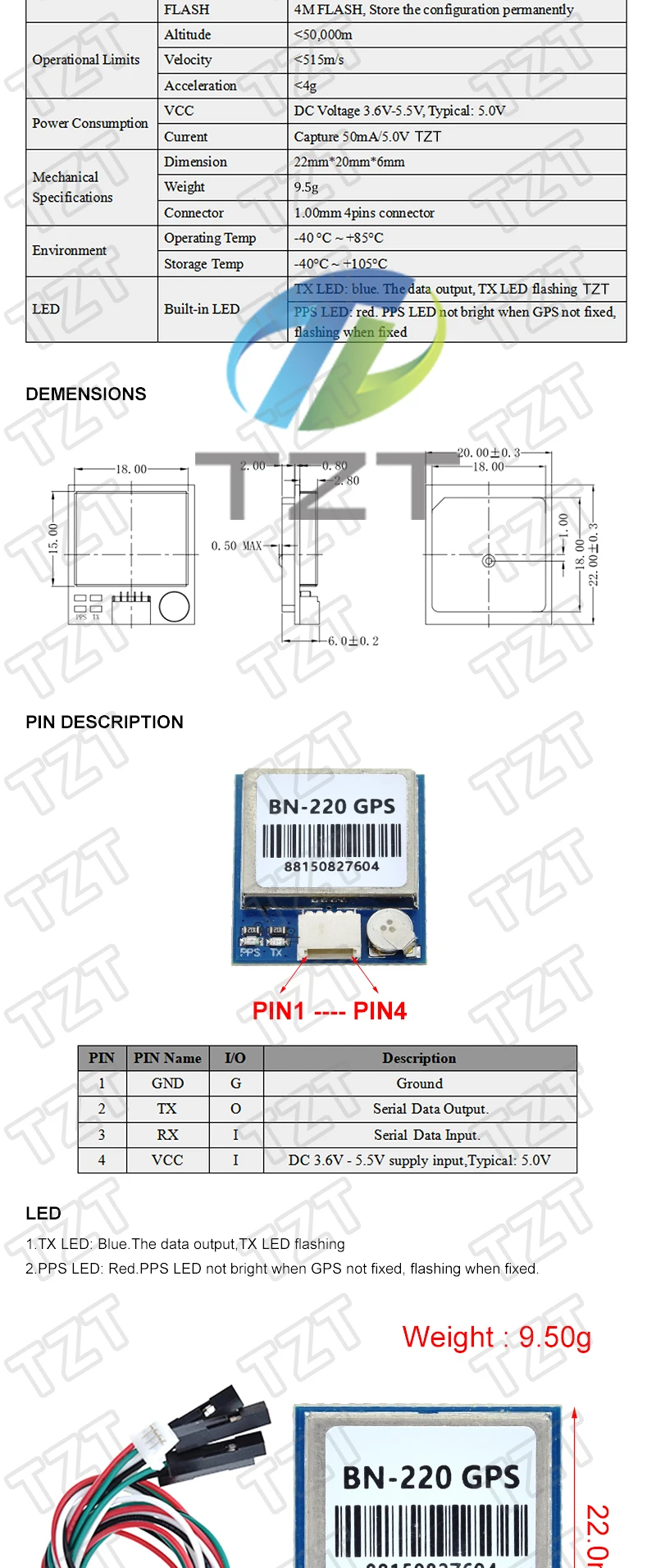 BN220 BN180 BN-880 TZT 3,0V-5,0V TTL-Level-Modul TZT Dual-Mode-Modul Antenne Eingebauter FLASH-Speicher BN-220 BN880 – Detail 3