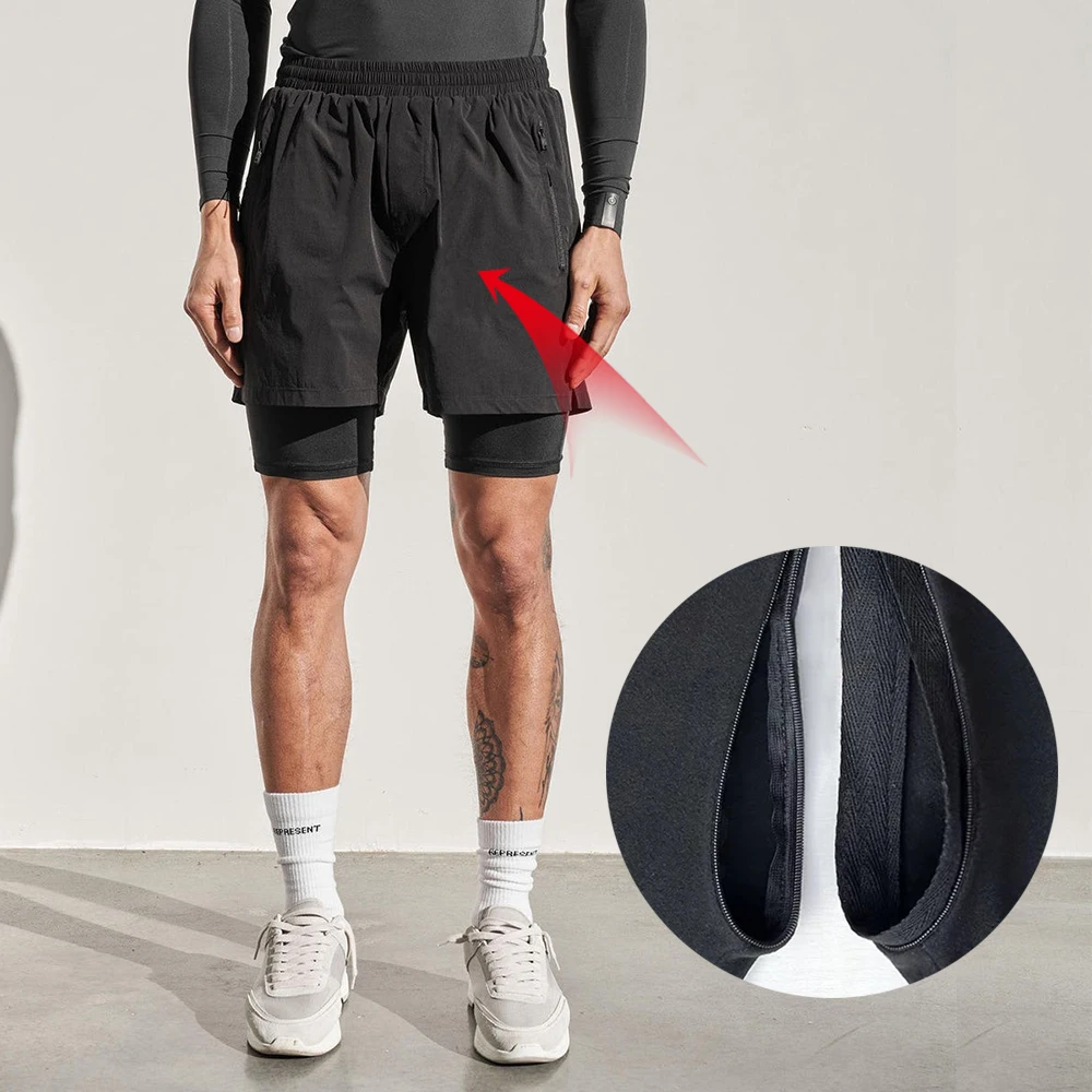 Invisible Open Crotch Outdoor Sex Basketball Shorts Men's Double Layer 2-in-1 Shorts Running Training Stretch Fitness Sweatpants 2