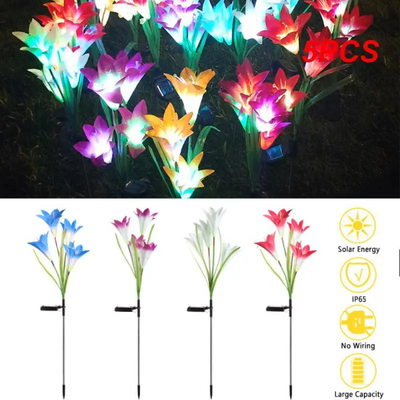 

5PCS Outdoor LED Solar Light RGB Tulip Flower Lamp Landscape Courtyard Lawn Lamp Waterproof Garden Stake Insert Solar Rose Lily