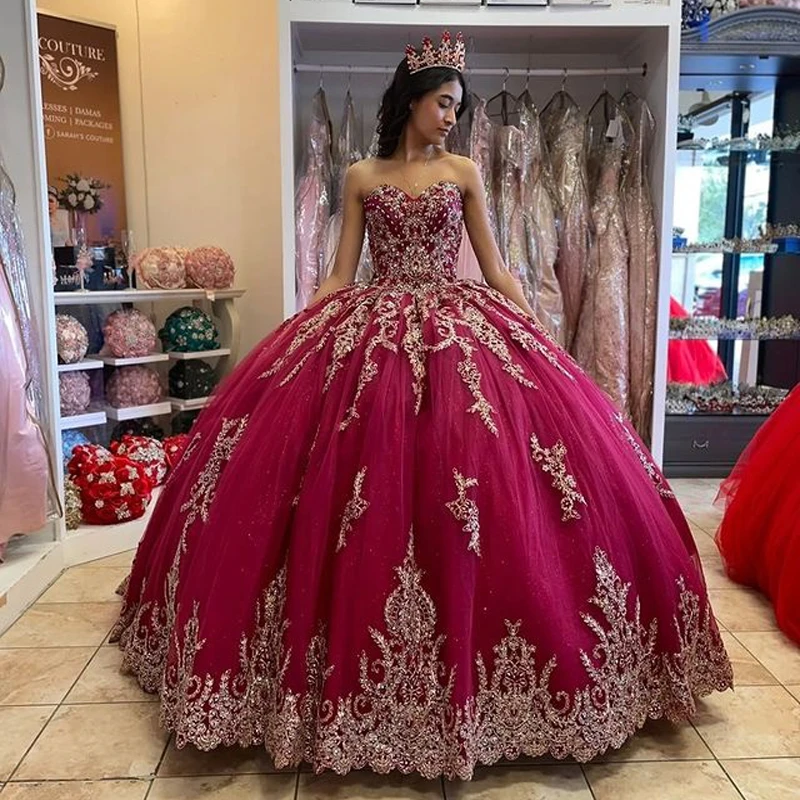 ANGELSBRIDEP Luxury Burgundy Beading Appliques Ball Gown 15 Year Old
