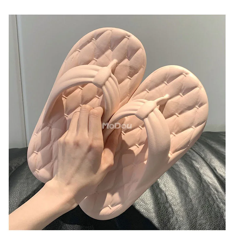 Mo Dou Summer Fashion Wear-resistant Beach Slippers Non Slip Soft EVA Thick Sole Solid Color Women Flip Flops Girls Student Indoor Slippers luxury