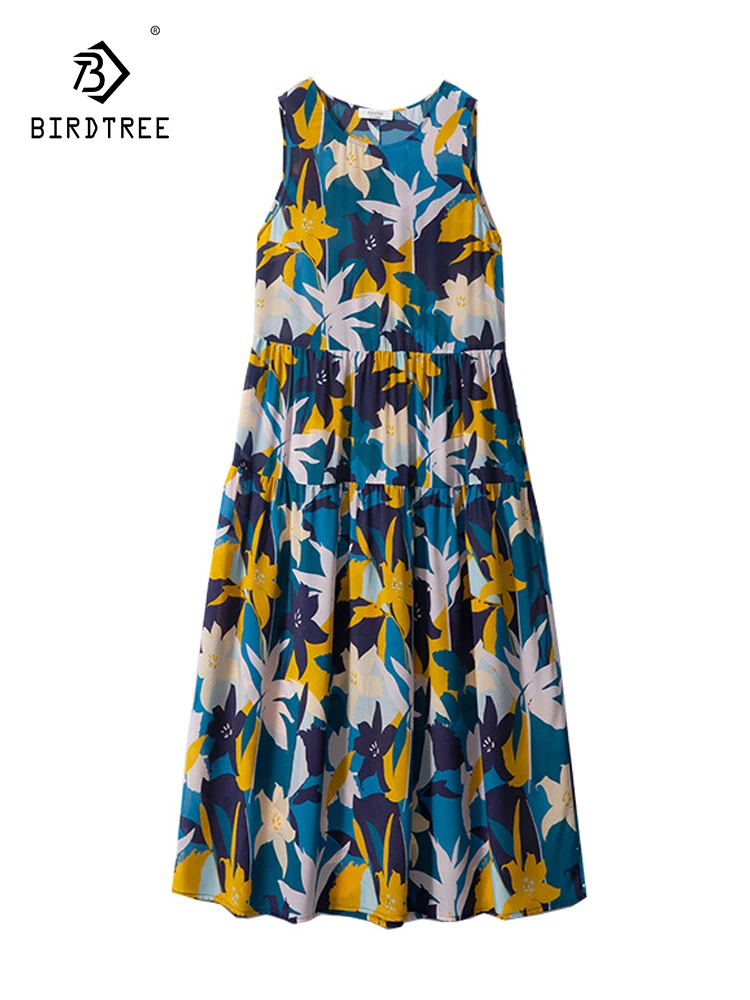 

Birdtree 100%Mulberry Silk Vacation Style Dress Large Flower Round Neck Sleeveless Loose Large Swing A-line Vest Dress D3D153QC