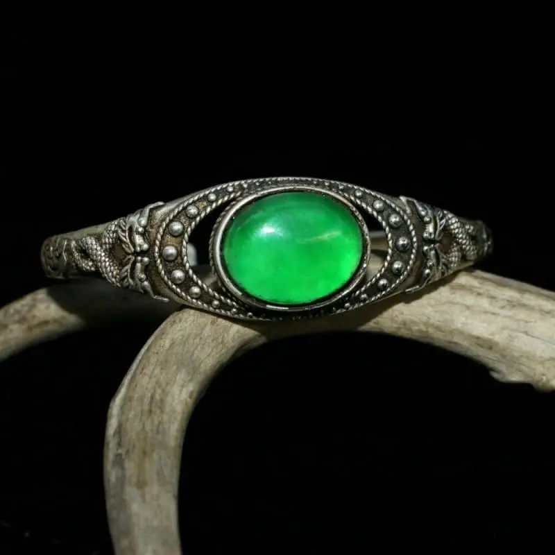 

Old Vintage Tibet Silver &amp Green Jadeite Jade Chinese Double Dragon Bracelet