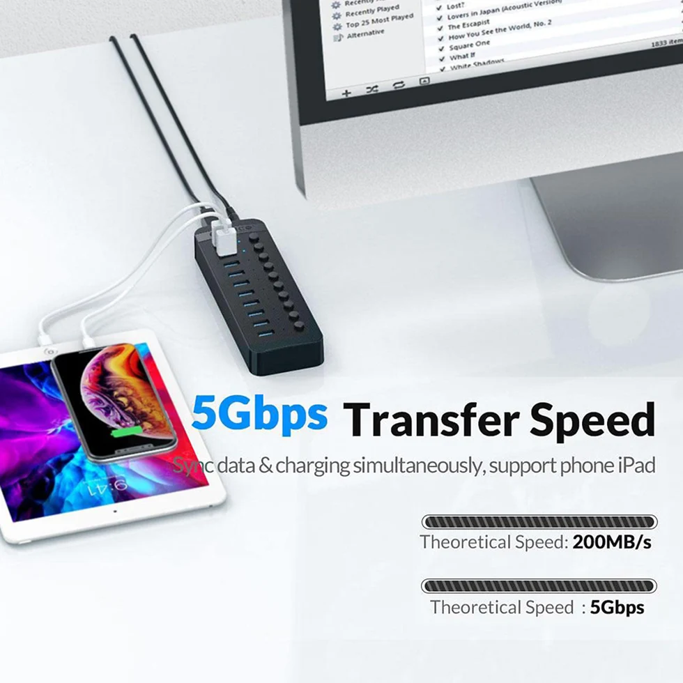 Orico 10 Portas Multi Usb Hub Powered Divisor Soquete com Interruptor de Ligar Desligar Doca Múltipla Usb 3.0 Slot Adaptador de Tira de Alimentação - Imagem 3