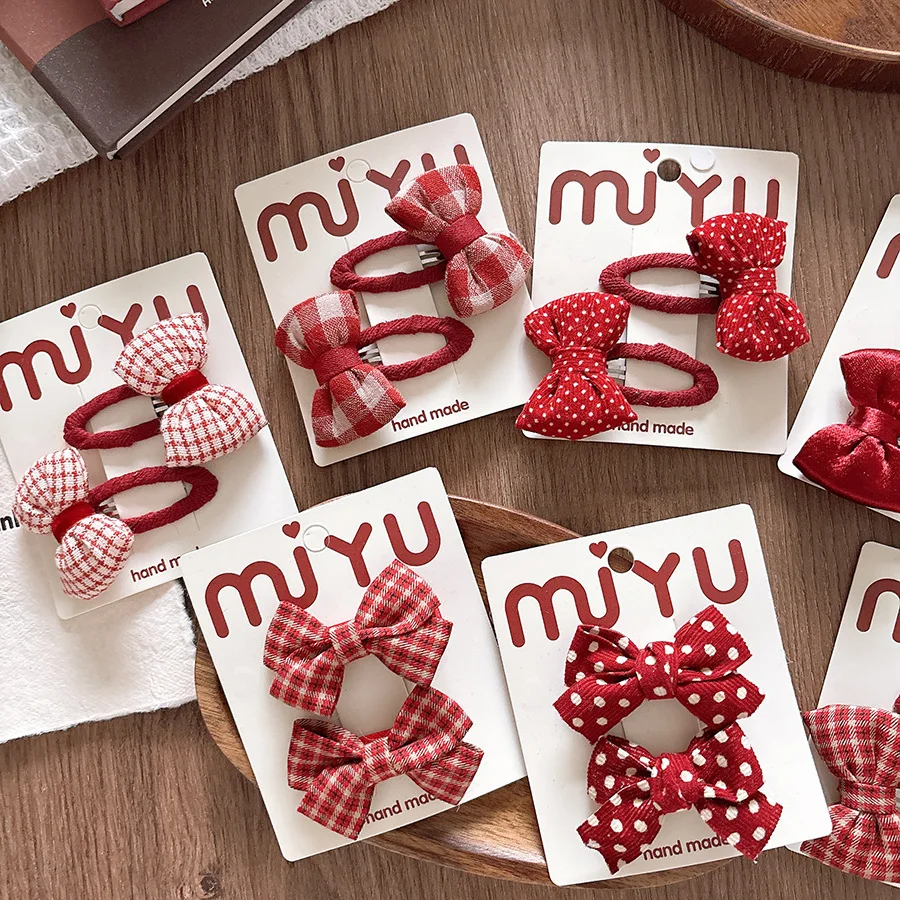 2Pcs/set Baby Red Korean Fashion Kids Girls Hair Clips Dot Plaid Bow Barrettes for Children Hedawear Hair Christmas Accessories