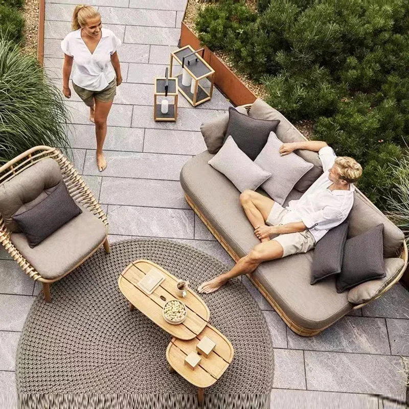 

Outdoor rattan sofa teak combination courtyard villa balcony garden outdoor rattan chair anticorrosive wood furniture