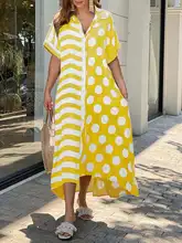 Women Vintage Printed Bohemian Dress Summe Casual Vestido 2022 VONDA Casual Short Sleeve Lapel Collar Asymmetric Long Maxi Dress