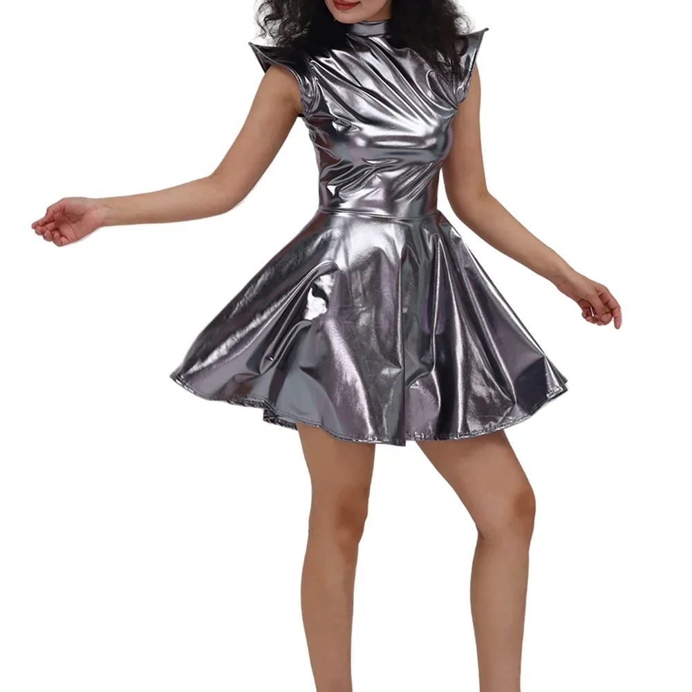 Womens Shiny Glossy Club Bronzing Patent Leather Solid Color Sexy Party  Women Dress Performance Nightclub Gold Silver Rave Dress - AliExpress  200000345