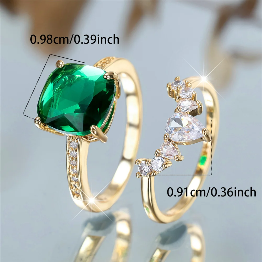 Crystal Female Green White Zircon Square Stone Ring Set Fashion Luxury Gold Color Bridal Wedding Engagement Jewelry For Women