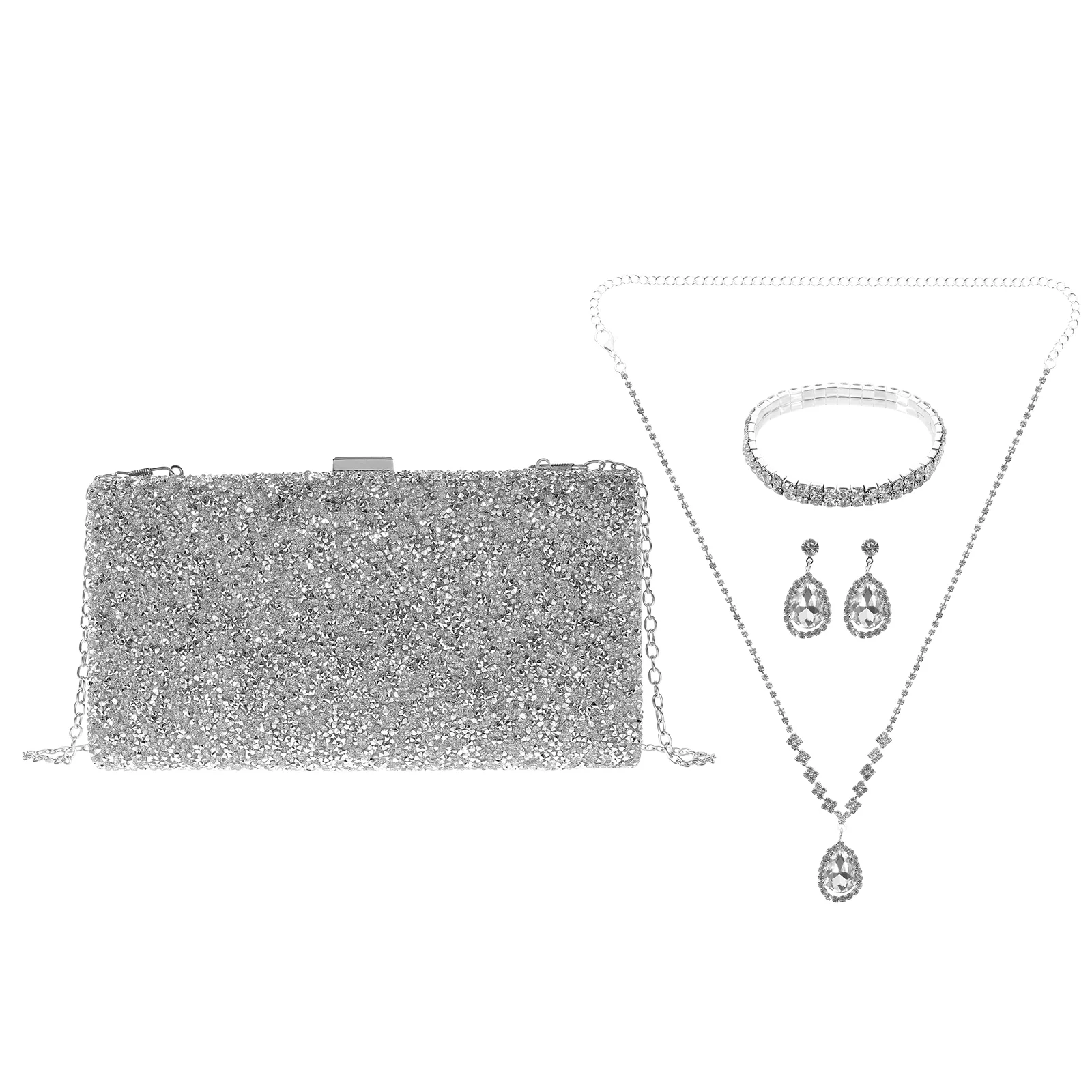 

1 Set Women Evening Clutch Bag Rhinestone Bracelet Earrings Necklace Wedding Bride Jewelry Set