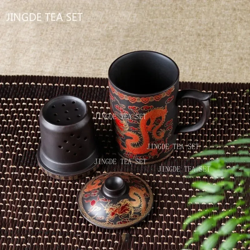 Authentic Purple Clay Teapot Dragon Pattern Tea Cup Large Filter Tea Maker Pu'er Teacup with Handle Master Cup Home Tea Set