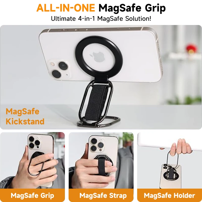 Tenmtoo MagSafe 휴대폰 그립 마그네틱 휴대폰 거치대, 4 in 1 회전식 휴대폰 링 거치대 스트랩, 아이폰 15 14 13 12 호환