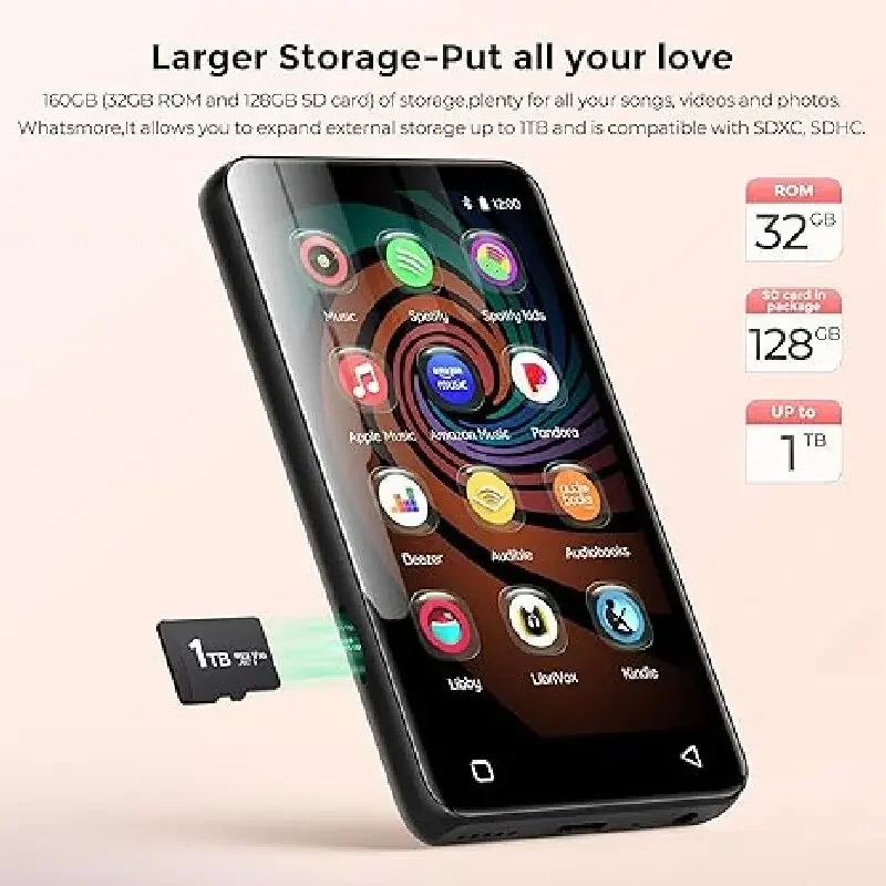 80GB MP3 player with Bluetooth and Wi Fi, Android music player with Split, Audio, Music, speaker, FM radio, e-book, up to