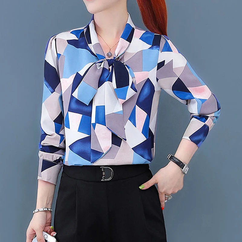 Women's Korean Fashion Print Bow Lace Up Elegant Blouse Spring Autumn Office Lady Casual Long Sleeve Shirt Loose Chiffon Blusas