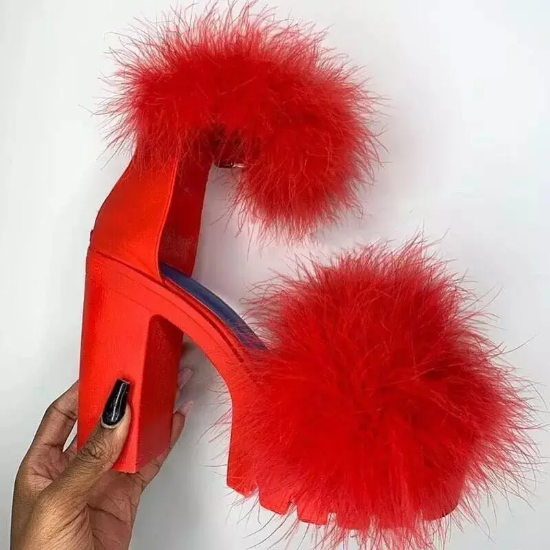 Woman Furry Sandals High Heels with Fur Female Platform Pumps Women Ankle Strap Women's Wedge Shoes 2022 Summer