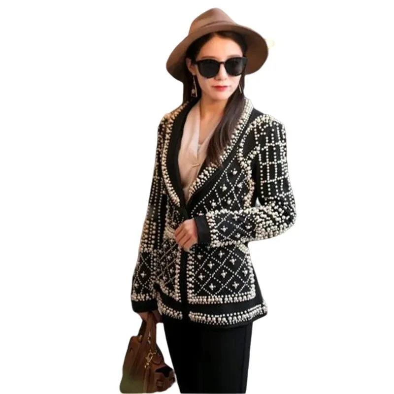 

Women Jacket Blazer Pearls Female Black Pearl Coat Nightclub Costume Female Guest Ds Singer Dj Performance Party Outfit