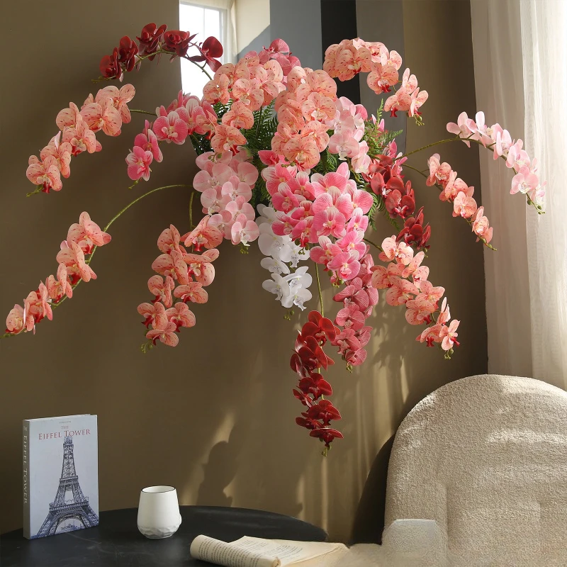 6 Stück künstliche Blumen, 3D-gedruckte Schmetterlingsorchidee, Hochzeitsdekoration, rosa Kunstblume, 103 cm, Simulation von Phalaenopsis-Zweigen