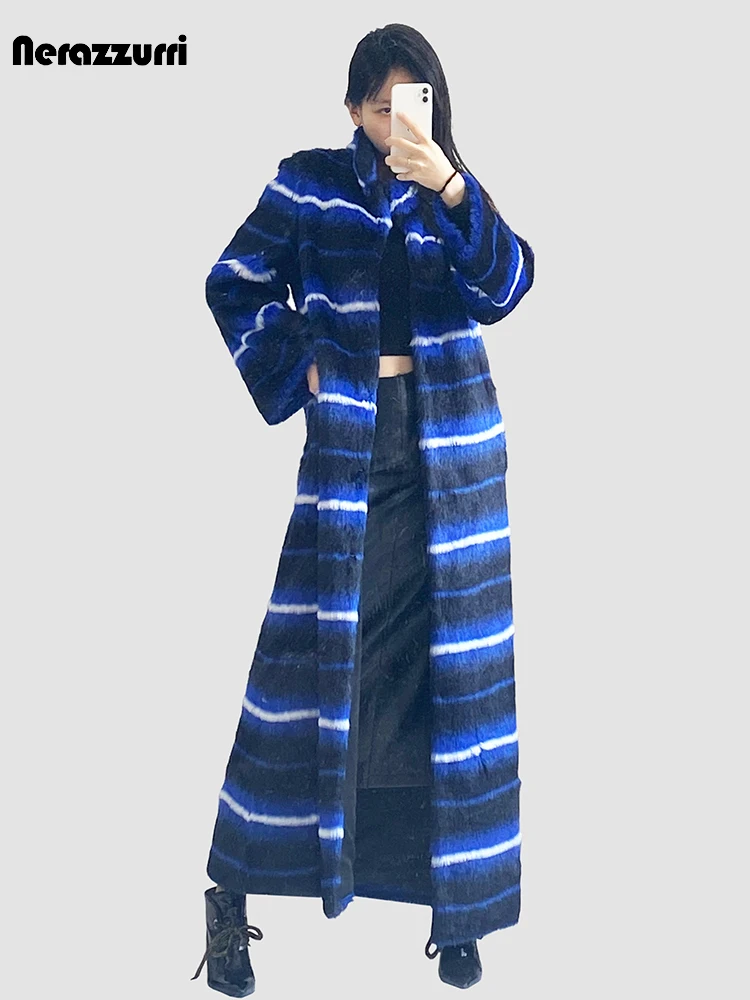 

Nerazzurri Winter Extra Long Thick Warm Colorful Striped Fluffy Faux Mink Fur Coat Women High Quality Maxi Furry Overcoat 2023