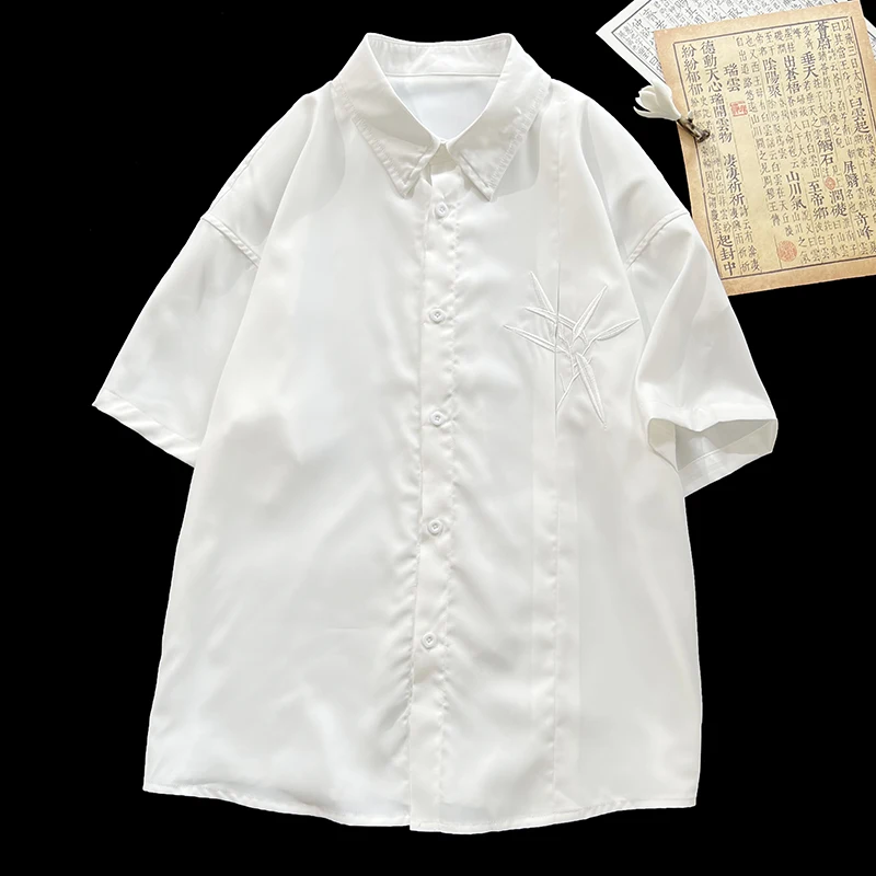 Asian Style Ice Silk Short Sleeve Shirt Men Shirts Bamboo Leaf Embroidery Lightweight Loose Blouse Summer Cool Tops Couple