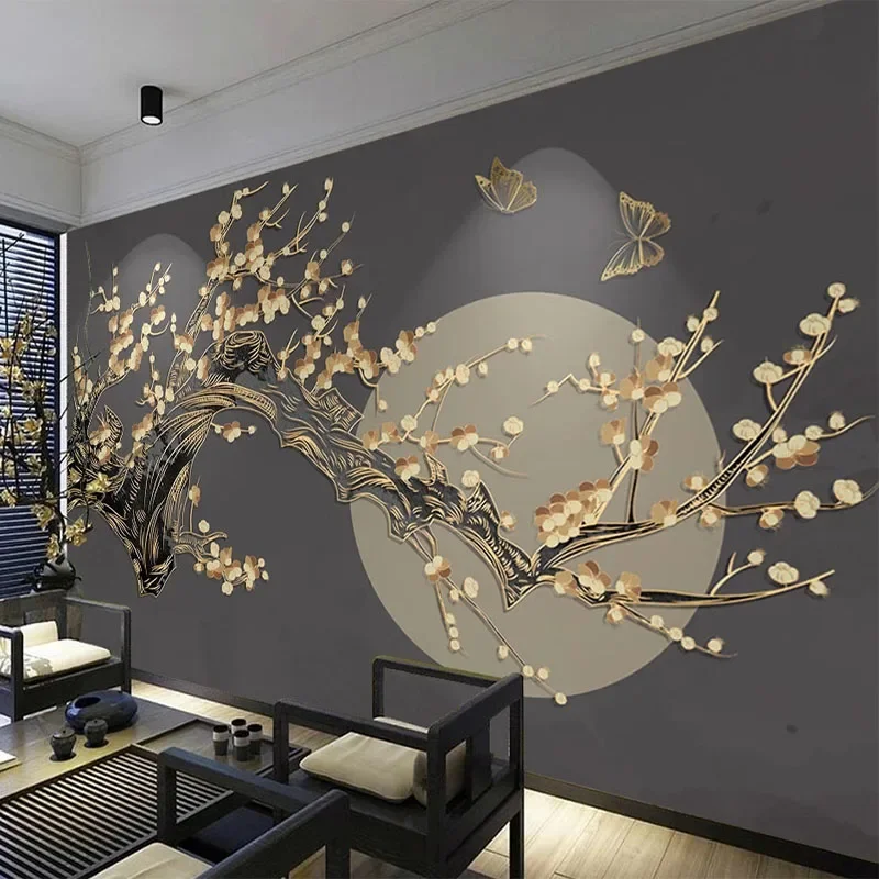 Custom 3D Wall Mural Chinese Style Plum Blossom Moon 3D Golden Relief Lines Wallpaper Living Room TV Sofa Papel De Parede Sala