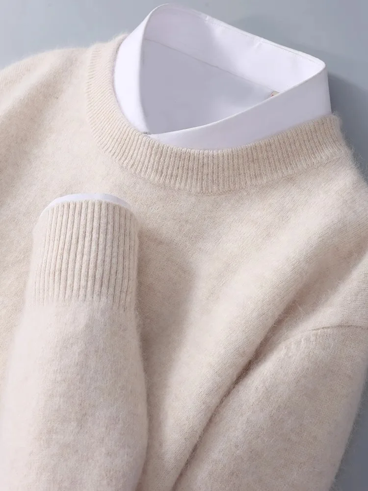 Men's mink cashmere sweater crewneck loose solid color cashmere undercoat youth business knit undercoat sweater