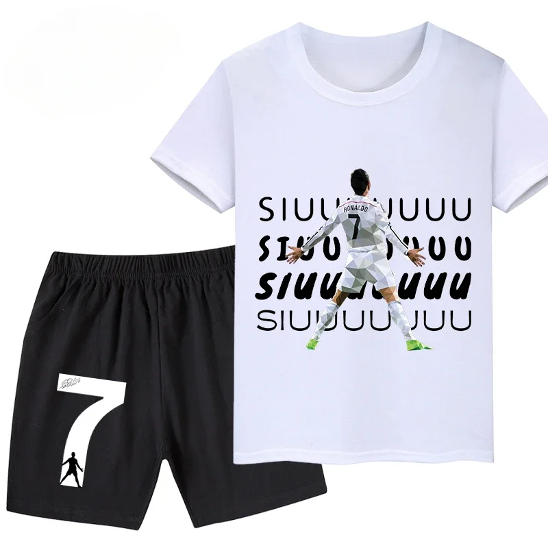 thumbnail image 1 of Conjunto de 2 piezas de camiseta y pantalones cortos deportivos con estampado de jugador de fútbol Ronaldo para niños y niñas, ropa deportiva informal de verano, 1 of 5
