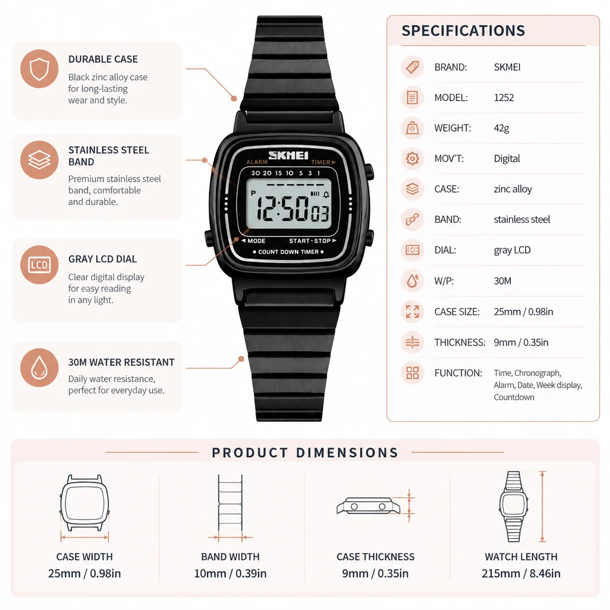 SKMEI Women's Luxury Waterproof Digital Sport Watch - Elegant Small Dial