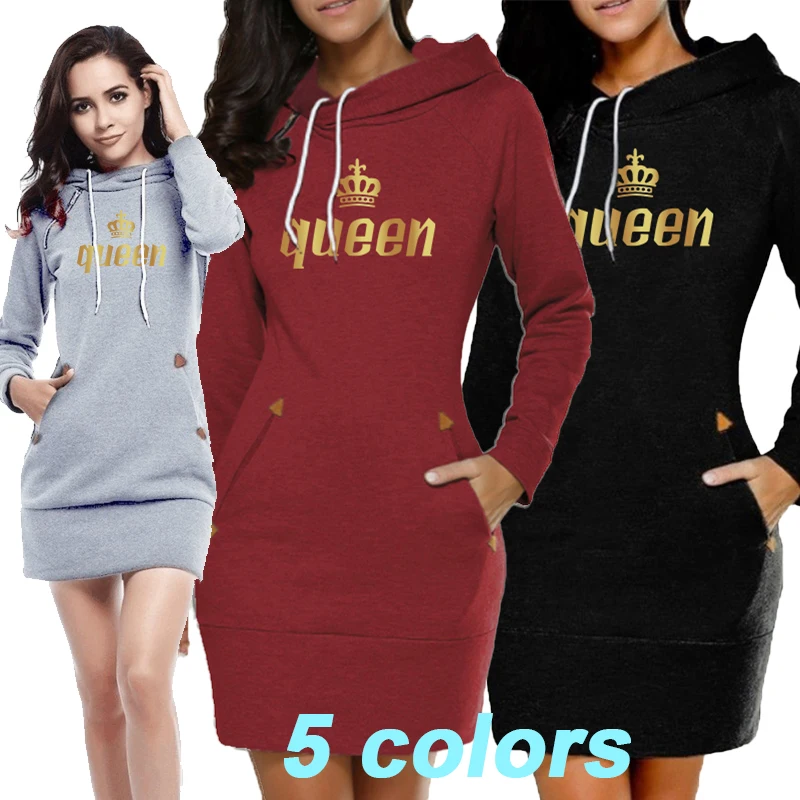 Slim Fit Four Corner Dress Popular Queen Print Hooded High Neck Short Dress Women's Long Sleeve Sweater Pullover Dress