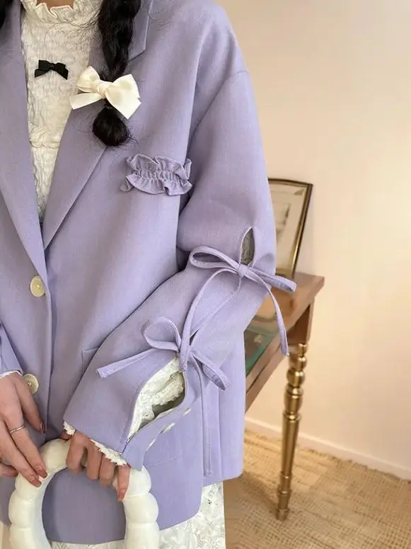 Blazers Lace Up Notched Purple Women Lace-Up Design Lovely Style Tender Solid All-Match Baggy Mujer Dating Ladies Outwear Korean