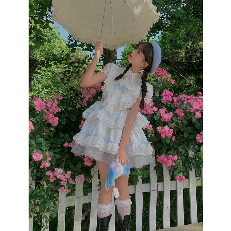 New Summer Japanese Harajuku Pink Love Wave Point Bow Stitching Hot Girl Fashion Lolita Temperament Kawaii Sweet Skirts elegant girls shoes women fashion low heel bow buckle strap platform lace ruffles cosplay lolita mary janes school shoes 32 43