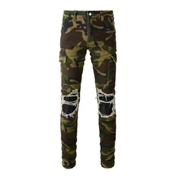 Camouflage Denim Jeans Pants Multiple Pockets Slim Fit Non Stretch Holes Ribs Patchwork Jeans Men