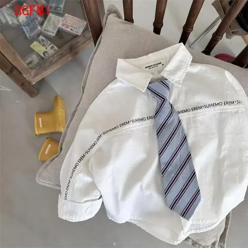 Children's Shirt Preppy Style Spring and Autumn New Boys Girls cotton Letter Tie Long Sleeved White Blouse Kids Loose Casual Top