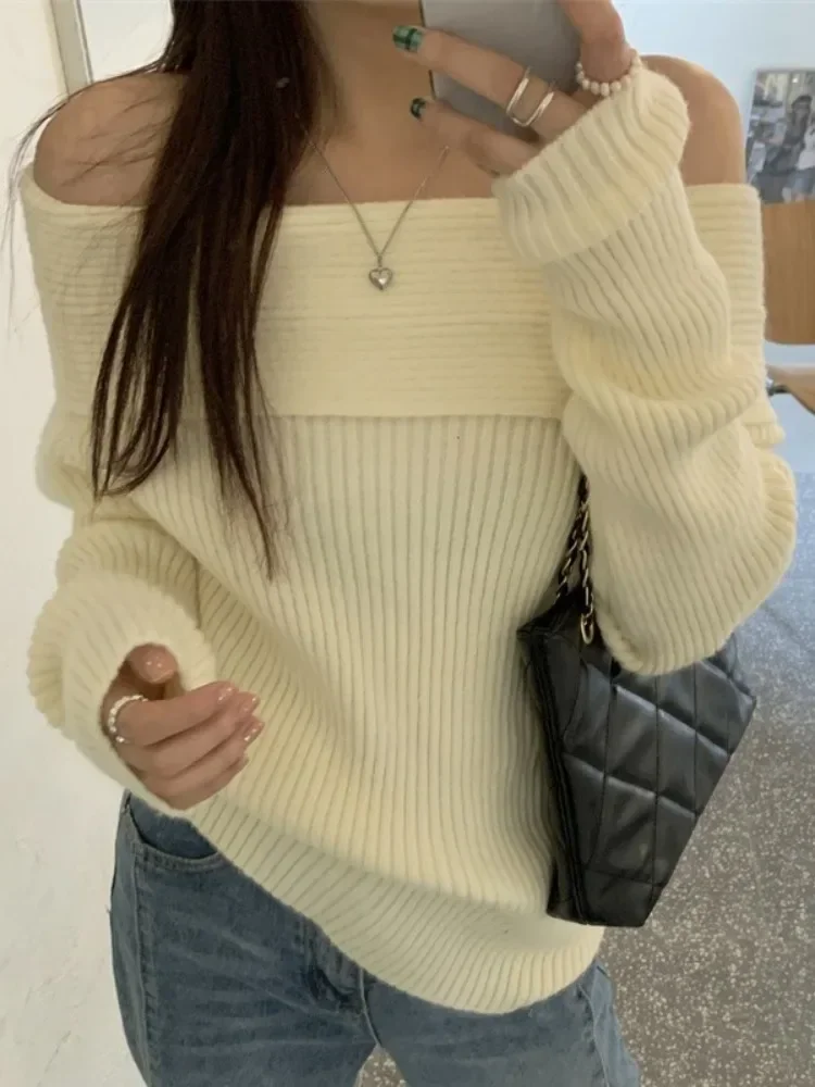 

2024 Slash Neck Grunge Fashion Knitted Sweaters Autumn Vintage Long Sleeve Streetwear Pullovers Y2k Aesthetic Solid Sueter Mujer