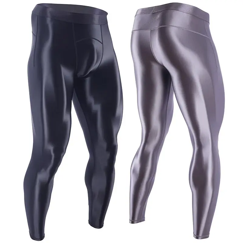 Mens Sports Pants Glossy Satin Men Leggings High Waist Smooth Skinny Pants Sports Tights Quick-drying Outdoor Fitness Gym Trousers