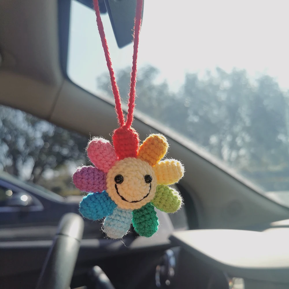 klinge Tal højt slidbane Kawaii Smiley Waffle Flower Car Mirror Hanging Accessories Handmade Crochet  Diy Decor Interior Cute Ornamentos - Ornaments - AliExpress