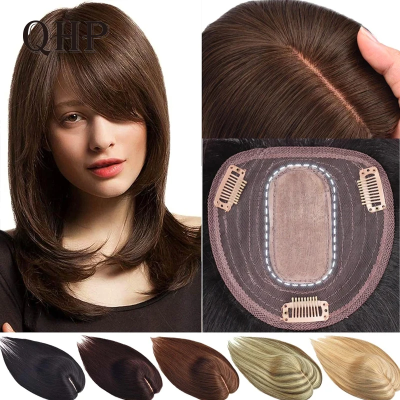 

Hair Toppers For Women Real Human Hair Topper With Bangs Silk Base Clip in Hairpieces Remy Hair Topper For Thin Hair/Lose Hair