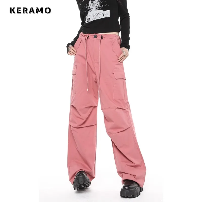 

Vintage Sweet Casual High Waist Solid Color Cargo Pants Women Streetwear Style Wide Leg Overalls Baggy Drawstring Y2K Trouser