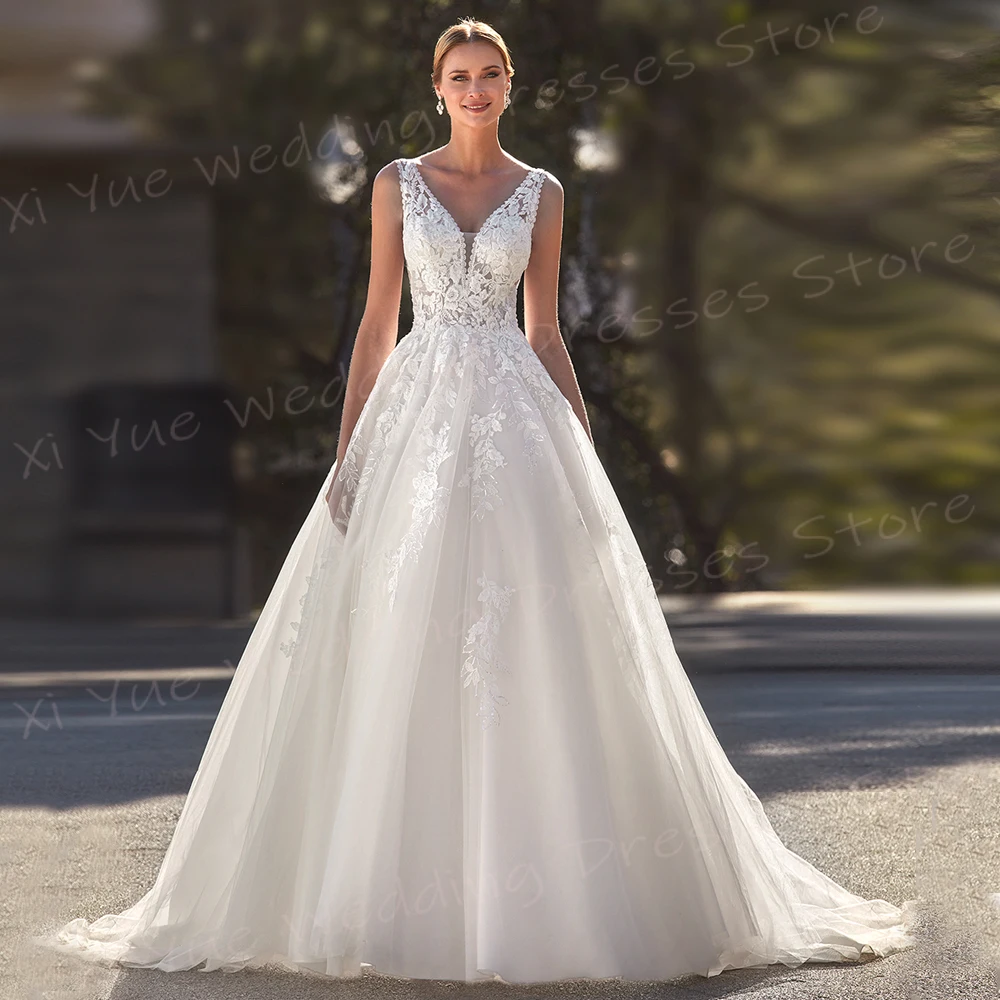 Charming Sexy V Neck A Line Women's Wedding Dresses Lace Appliques Customized Bride Gowns Sleeveless Backless Vestido De Noivas 3
