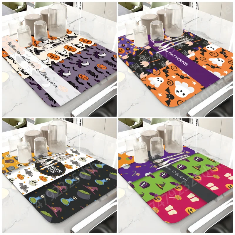 

Halloween Pumpkin Bat Drain Pad Super Absorbent Anti-Slip Dish Drying Mat Waterproof Tableware Diatomic Aesthetic Kitchen Decor