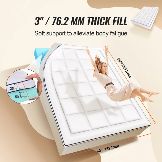 VEVOR Coprimaterasso Misura Queen Memory Foam Spessore 76,2 mm, Imbottitura in Fibra Lavabile Sfoderabile, Rinfrescante e Traspirante, con Tasca sul Comodino Removibile, Alleviare Pressione Corporea 2