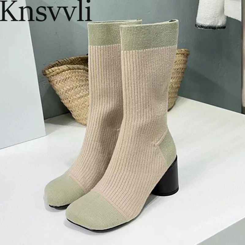 

New High Heels Sock Boots Women Round Toe Slip-on Short Boots Round Heels Design Shoes Women Runway Stretch Knitting Boots Woman
