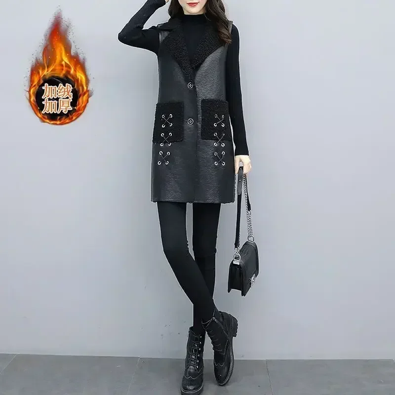 Winter wool Leather Vest Women's Clothing 2025 PU Jacket Korean Solid Sleeveless Vest Mid Long Coat Female Waistcoat Outerwear - 6